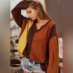 NEW BiBi Color Block Brown Mustard Long Sleeve V-Neck Pullover Top